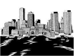 A Pen Ink Drawing Of The Boston Skyline Featuring Rowes Wharf