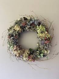 These purple tinged heads of blue and green dried flowers add texture to a still life display or floral these british dried flowers have been sourced from uk growers. Whispy Hydrangea Wreath Dried Garden Flower Wreath Wall Hanger Free 2nd Class Uk Postage Dried Flower Wreaths Flower Wreath Wreaths