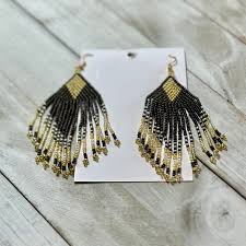 Black and Gold Beaded Tassel Earrings