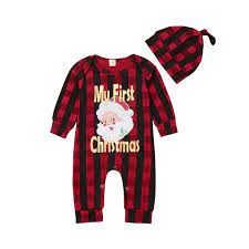 Newborn Infant Baby Boys Girls Red Plaid My First Christmas Romper With Hat Outfits 18 24 Months Walmart Com