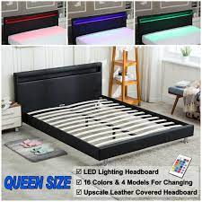 Queen Size Bed Frame Bedroom Platform W Led Light Headboard Modern Frame Black Walmart Com Walmart Com