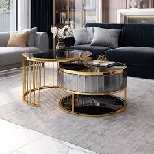 As far as maintenance goes, glass top coffee tables are somewhere in between. Modern Round Gold Gray Nesting Coffee Table With Shelf Tempered Glass Top 2 Piece Set