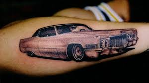 Grey old venerable car tattoo on muscles. Car Tattoos Designs Tattooimages Biz