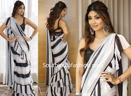 Black And White Striped Saree Blouse Shilpa Shetty In Arpita Mehta Saree Styles Asian Outfits Saree Designs