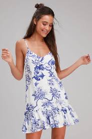 Garden Bloom Blue And White Floral Print Ruffled Shift Dress Spaghetti Strap Shift Dress Shift Dress Burgundy Maxi Dress