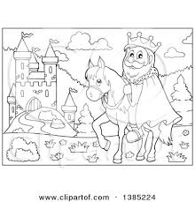 King and queen clipart black and white. Clipart Of A Black And White Lineart Happy Caucasian Horseback King Near A Castle Royalty Free Vector Illustration By Visekart 1385224