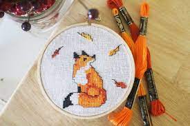 Vintage country mocha belfast linen fabric with dinky dyes silk thread, or dmc floss (844, 632, 451, 3865, 3787, and 160). Fox In Leaves Fall Cross Stitch Pattern Instant Download