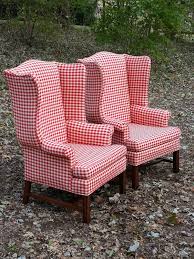 Free Ship 2x Custom Wing Chairs In Red White Checkered Gingham Upholstery Chippendale Wing Chair Chair Upholstery