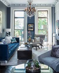 Beautiful Eclectic Style All Blue Living Room Decor With Blue Velvet Tufted Sofa And Grey Blue Living Room Decor Velvet Sofa Living Room Blue Sofas Living Room