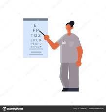 Female Doctor Ophthalmologist Pointing At Letters On Eye