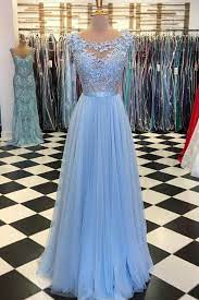 Sky Blue Tulle Long Scoop Neck Evening Dress Long Prom Dress With Lace Applique M2844 Prom Dresses Blue Prom Dresses Lace Cheap Prom Dresses Long