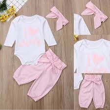 I Love Mom Newborn Baby Girls Clothes Outfit Long Sleeve Bodysuit Bowknot Pants Headband 3pcs Set