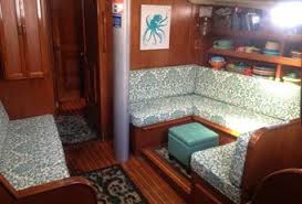 Still Working On Our Interior Redo Love This Bold Pattern In A Subtle Color And Of Course The Octop Sailboat Interior Boat Interior Sailing Yacht Interior