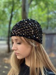 Black Sequins Mesh Beanie Hat, Sparkly Beanie Cap Net Hat Crochet Hat Mesh  Scull Cap Beanie Retro Style Shiny Lace Cap Halloween Hat