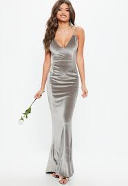 Missguided Bridesmaid Grey Velvet Plunge Lace Up Back Maxi Dress