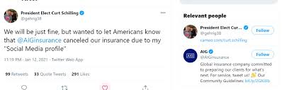 Aig insurance company is an american based multinational finance and insurance corporation with the operation in over 80 countries. Crabcrawler On Twitter Uhhhh Curt Schilling Had His Insurance Canceled Because Of His January 6th Social Media Posts Insurance We Re Starting To Hit Turning Off People S Water And Power Territory Https T Co Sutjbsh2yt