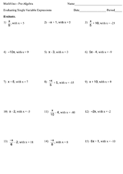 Worksheets are evaluate expressions work, evaluating expressions date period, evaluate. Evaluating Single Variable Linear Expressions Mathvine Com