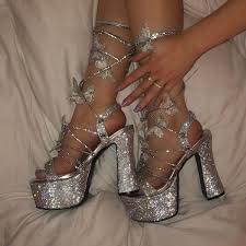 Silver diamond lace up heels. Poster Grl Lace Up Butterfly Platform Heels Rhinestone Diamond Silver Dolls Kill