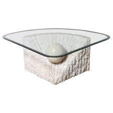 Does the table have a wood finish? Triangular Marble And Travertine Coffee Table With Beveled Edge Glass Top 1stdib Marble Living Room Table Glass Coffee Tables Living Room Stone Coffee Table