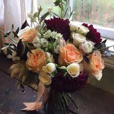 Photos of burgundy and peach bouquets. Burgundy And Peach Wedding Bouquet Burgundy Peach And White Wedding Flowers Floral Artistry By Alis Wedding Flowers White Wedding Flowers Wedding Bouquets