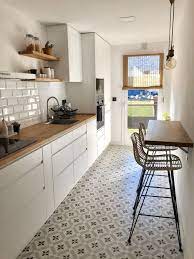 Small southwest galley brick floor and wood ceiling kitchen photo in phoenix with an undermount sink, shaker cabinets, dark wood cabinets, quartz countertops, multicolored backsplash, cement tile backsplash, stainless steel appliances, an island and beige countertops 20 Small Galley Kitchen Ideas On A Budget Magzhouse