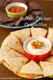 I use the greek yogurt & self rising flour crust recipe (easily found on pinterest), and topped it with the chicken, 1/2 cup blue cheese crumbles, and 1 cup mozzarella. Buffalo Chicken Quesadillas A Kitchen Addiction
