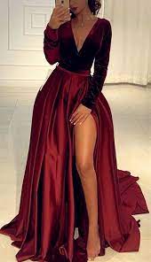 Velvet Top Prom Dresses Long Sleeves Satin Evening Gowns Leg Split Ml5083 By Moonlig Prom Dresses With Sleeves Prom Dresses Long With Sleeves Evening Dresses