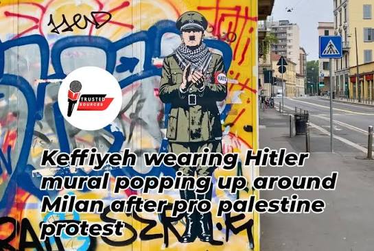 In Milan, Italy &mdash; dozens of murals depicting Adolf Hitler wearing a Palestinian keffiyeh and a red 'HATE' armband have appeared along the route of pro-Palestinian demonstrations. Italian contemporary artist aleXsandro Palombo (