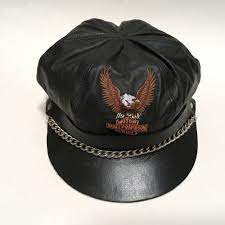 Harley Davidson Leather Hat Captains Chain Embroidered Motorcycle Cap Vtg Usa Harley Davidson Hats Harley Davidson Leather Jackets Harley Davidson
