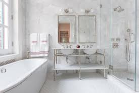 Marble hex backsplash with white grout marble hex tiles on the wall marble small hexagon tiles and a marble countertop look harmonious together Master Bathroom With Large White Marble Hexagon Wall Tiles Transitional Bathroom