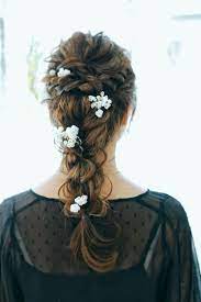 編み下ろしヘアアレンジ ドライフラワー ロングヘア ヘアスタイリング ヘアアレンジ