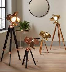Click on image to enlarge. Film Style Gold Metal And Natural Wood Tripod Floor Lamp Zurleys