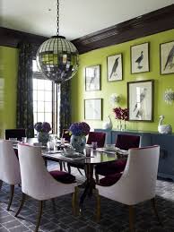 Shocking In A Good Way Lime Green Walls And Deep Brown Trim Disco Ball Style Light Fixture Very Br Green Dining Room Dining Room Design Dining Room Colors
