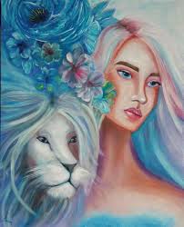 OOAK Original Oil Painting Fairy Fantasy cat lion 16 x 20" Bronwen Skye blue