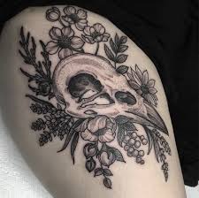 Black And Grey Crow Skull With Wildflowers Blackwork Tattoo Raven Skull Crow Skull Wildflower Tattoo Linewo Bird Skull Tattoo Bird Tattoo Sleeves Tattoos