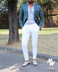 White Pants A Plaid Blue Shirt A Teal Blazer And Creamy Moccasins Is A Great Mens Beach Wedding Guest Attire Beach Wedding Guest Attire Wedding Attire Guest
