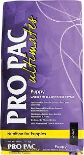 The dashboard displays a dry matter protein reading of 29%, a fat level of 17% and estimated carbohydrates of about 46%. Pro Pac Ultimates Chicken Meal Brown Rice Puppy Dry Dog Food 28 Lb Bag Chewy Com