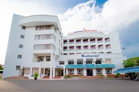 Boutique hotel facade with warm lighting