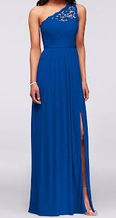 Horizon Blue One Shoulder Lace And Mesh Bridesmaid Dress From David S Bridal Strapless Dress Formal Mesh Bridesmaids Dress Bridesmaid Dresses