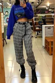 Aesthetic Black And White Plaid Pants Outfit Plaid Pants Blue Crop Top Outfits Plaid Outfits Grunge Fashion Plaid Outfits Crop Top Outfits Blue Crop Top Outfit