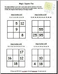 Each line of the square (horizontal, vertical, and diagonal) must add up to the same sum, and each box must contain a different number. Magic Square Worksheets Are Fun And Help Kids Buld Math Skills Math Magic Magic Squares Math Fun Math