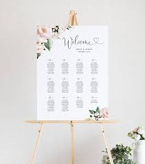 wedding guest seating chart with watercolor light pink roses