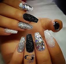 Square Black Acrylic Nails With Glitter Winter Nails 37 Ideas Silver Nails Nail Designs Glitter Nails