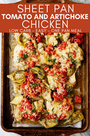 This Sheet Pan Tomato And Artichoke Chicken Recipe Is A Simple One Pan Chicken Dinner That You In 2020 Canned Artichoke Recipes Artichoke Chicken Mediterranean Recipes