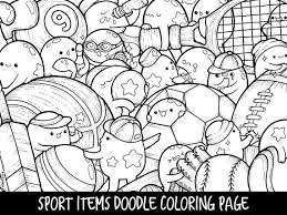 Sport Items Doodle Coloring Page Printable Cute Kawaii Coloring Page For Kids And Adults Doodle Coloring Coloring Pages Coloring Books