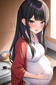 Anime Pregnant Small Tits 30s Age Ahegao Face Black Hair Slicked Hair Style  Light Skin Painting Changing Room Close Up View Cooking Geisha 