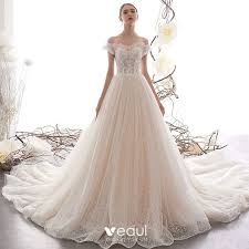 Maybe you would like to learn more about one of these? Beste Champagner Spitze Brautkleider Hochzeitskleider 2019 A Linie Off Shoulder Geschwollenes Kurze Armel Ruckenfreies Applikationen Spitze