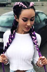 Two braids on the top section of the hair with red extensions on black dark hair high ponytail with braids. Braided Kanekalon Hair For Perfect Summer Lovehairstyles Kanekalon Hairstyles Hair Styles Braided Hairdo