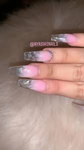 Long Acrylic Coffin Shape Nails Clear Tips Ombre Coffin Shape Nails Glass Nails Clear Glitter Nails