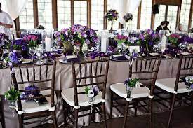 Shades of purple is one of the most commonly seen colors in nature, as a large color family, it comes in a multitude of versatile shades, from pale to dark such as lavender, orchid, mauve, plum,eggplant etc. Photo Via Project Wedding Purple Table Settings Green Wedding Decorations Purple And Gold Wedding
